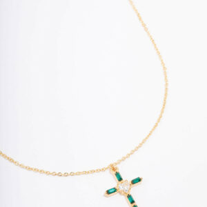 Emerald Cubic Zirconia Baguette Cross Pendant Necklace