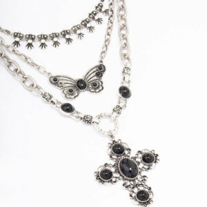Antique Butterfly Cross Stone Layered Necklace