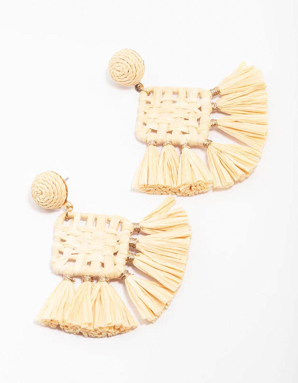 Cream Woven Square Tassel Earrings