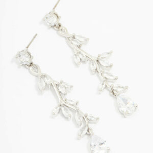 Rhodium Cubic Zirconia Vine Leaf Drop Earrings
