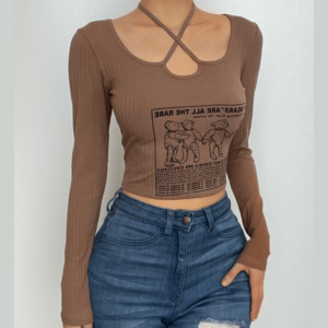 Ribbed bear pattern contrast long sleeve self tie square neck crop top - Final Sale