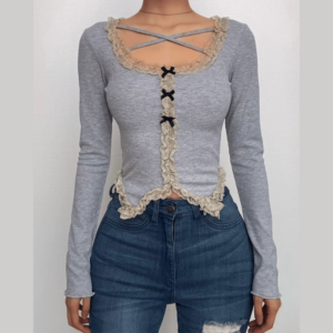 Ruffle solid ribbed contrast long sleeve cross front crop top