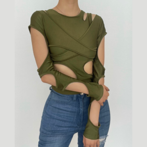 Long sleeve solid hollow out irregular crop cut out top